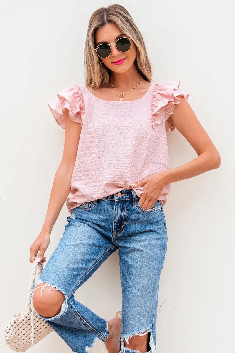 Gossamer Pink Textured Bow Knot Frilled Butterfly Sleeve Blouse - Love Salve